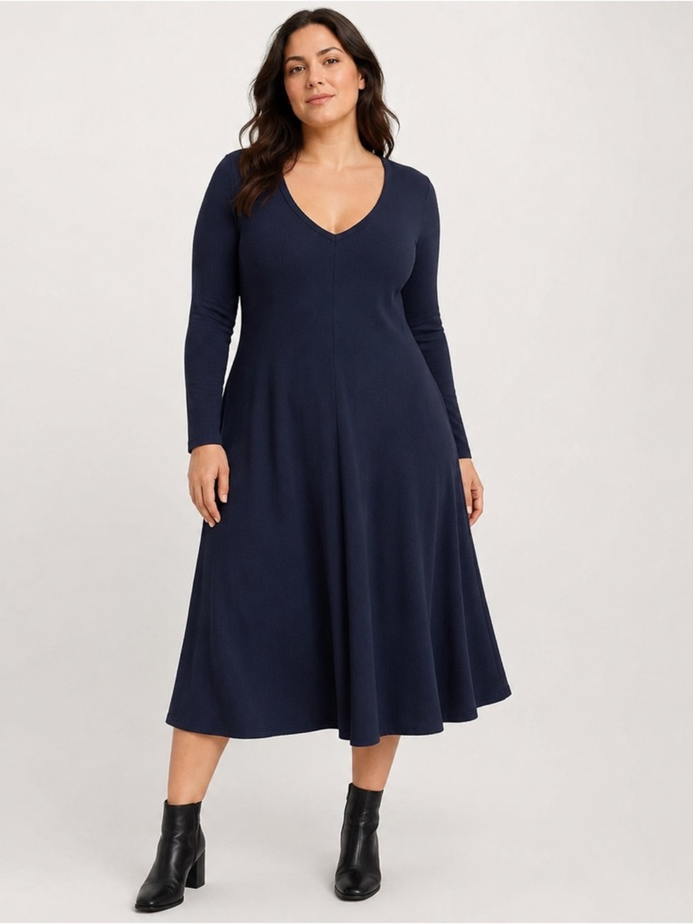 Universal Standard Form Rib Portrait Midi Dress Navy Long Sleeve Rib Knit Medium